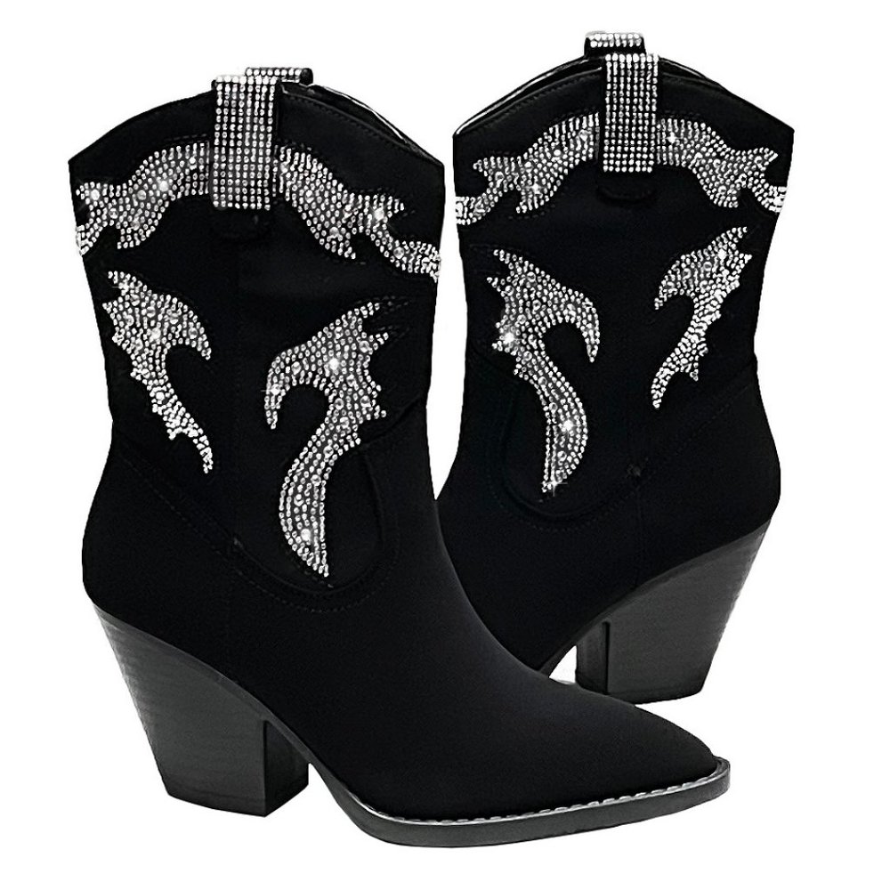 New Womens Black Rhinestone Blingy Western Cowboy Ankle Boots Booties - Picture 2 of 7